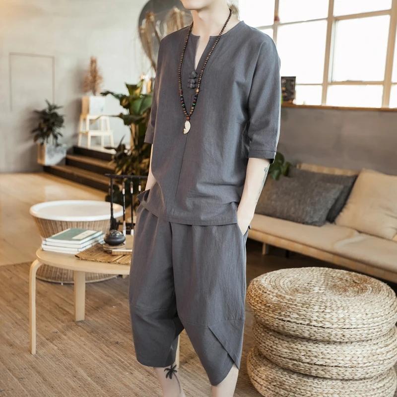Men's Summer Cotton and Linen Sets Fashion Two Piece Sets Men Loose Capris Casual Tang Suit Large Size