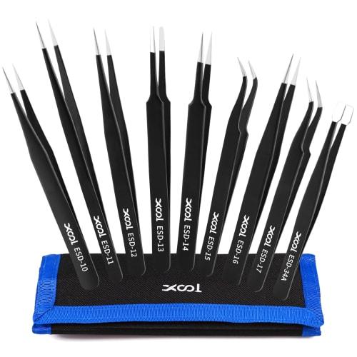 XOOL Precision Tweezers, 9-Piece Set, ESD Anti-Static, Stainless Steel, for Electronics Repair, Jewelry Making, and Nail Art, with Storage Bag