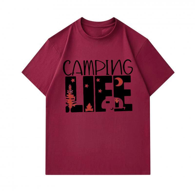 Men's 100% Cotton O-neck Short Sleeve T-shirt, Casual Camping Life Printed Top with Pine Tree Moon Star Camper Pattern for Daily Outdoor Wear