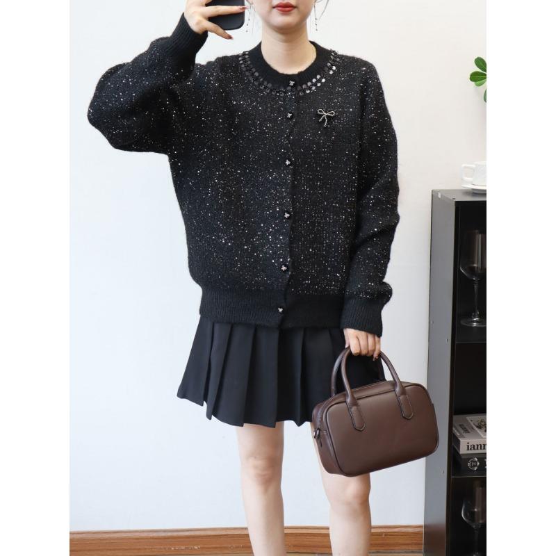 

Вязаный кардиган осень и зима новый свободный свитер-жакет с бантом из пайеток женский one size fits all чёрный