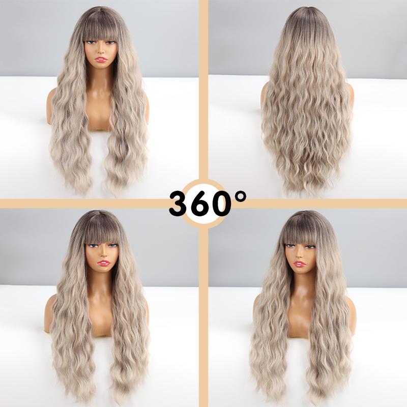 MISSQUEEN Perucă pentru femei Ombre Maro Gri Culoare Perucă ondulată lungă cu breton Fibră sintetică Femei Purtări zilnice Perucă ondulată Cosplay