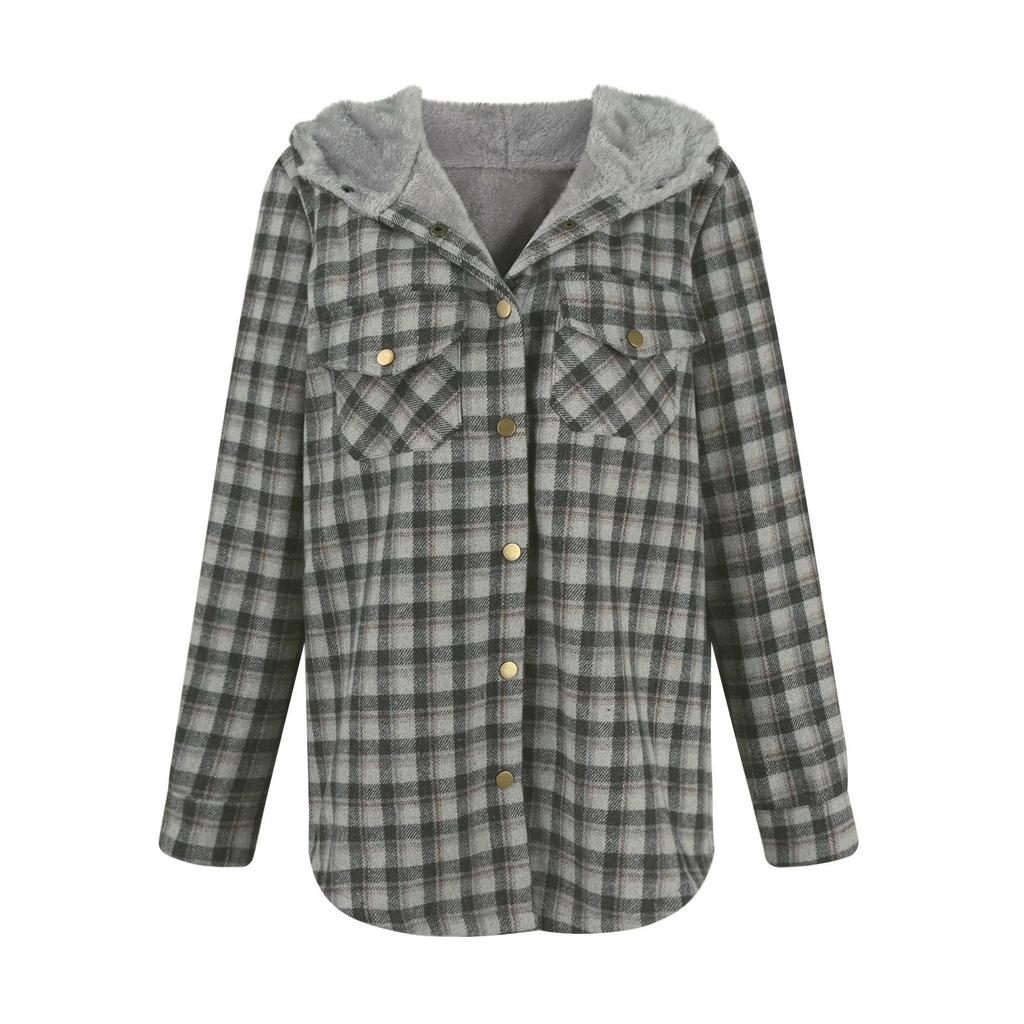Womens Plaid Shacket Jacket Long Sleeve Button Down Fleece Hooded Jackets Warm Coat