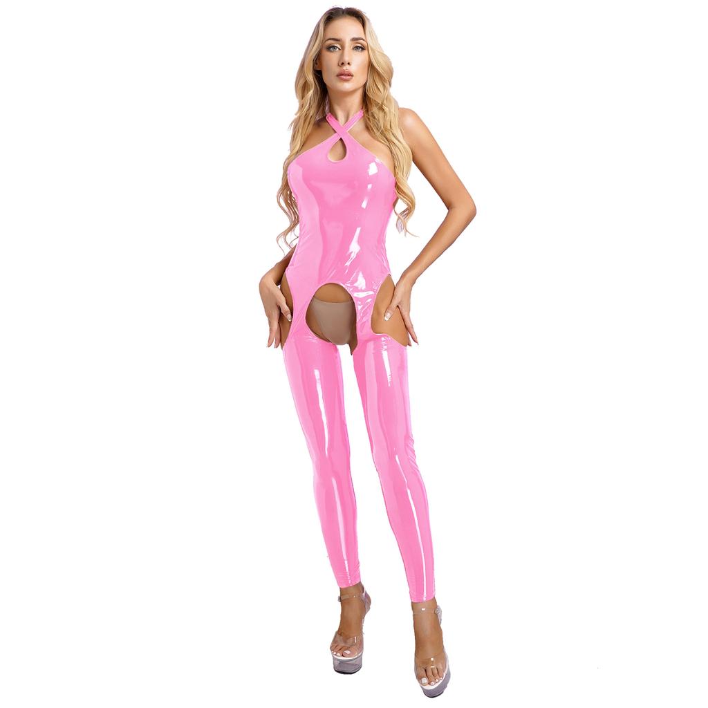 Womens Patent Leather Jumpsuit Sleeveless Hollowing Out One Piece Outfits Bodycon Party Club Rompers