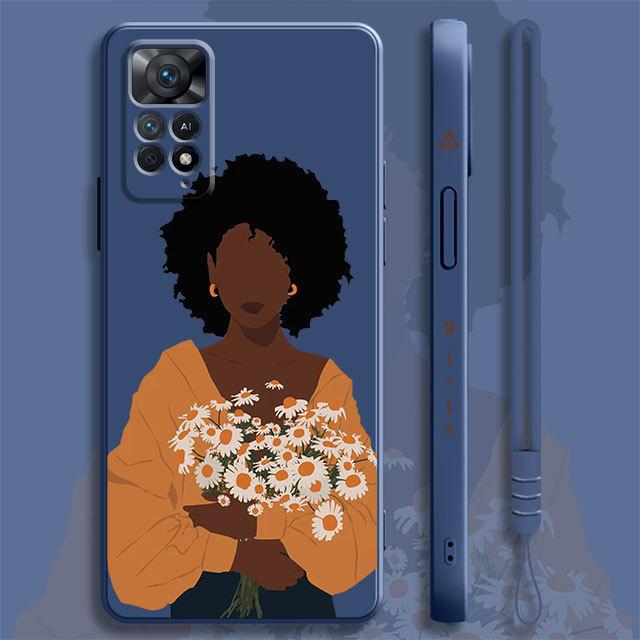 Hübsches afrikanisches Mädchen Gänseblümchen Blume Schmetterling Flüssighülle für Xiaomi Redmi Note 11 11t 9 9s 8 10 Pro für Redmi 8 9t 9a 9c 10c Abdeckung