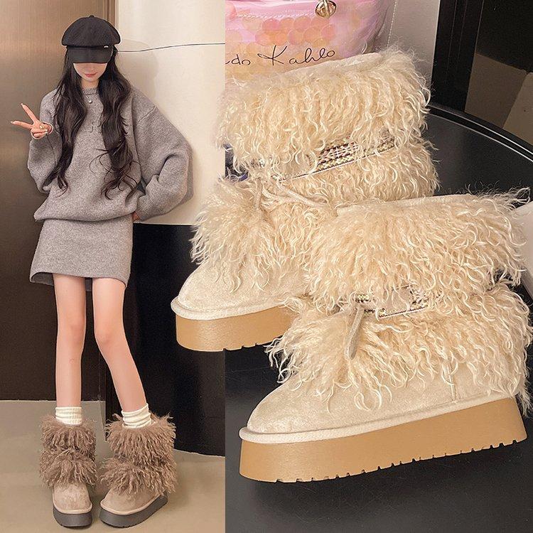 Very warm fluffy snow boots winter 2025 new piled thickened outdoor cotton shoes big head platform shoes
