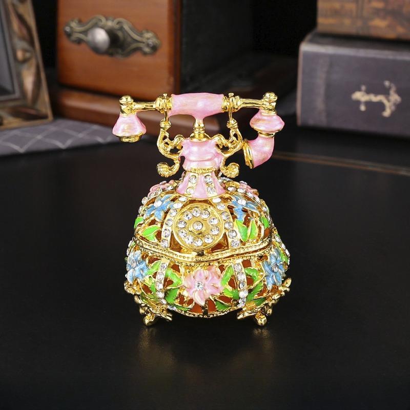Vintage telephone crafts enamel color inlaid diamond hollow jewelry box flip cover home dressing table small ornament storage