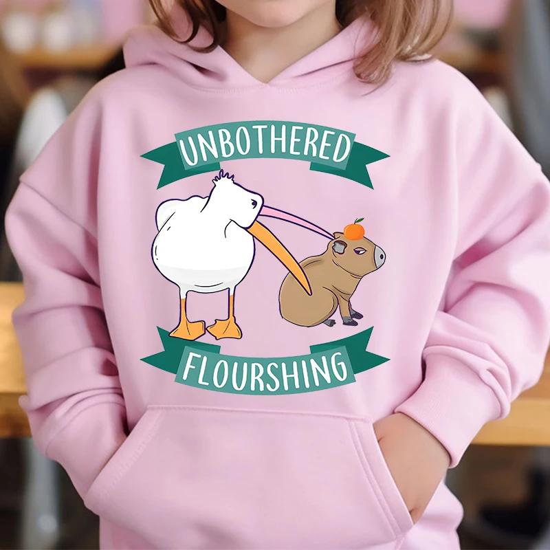 Cute Capybara Loves Bubble Tea Children's Hoodie Pink Autumn and Winter Girl's Top