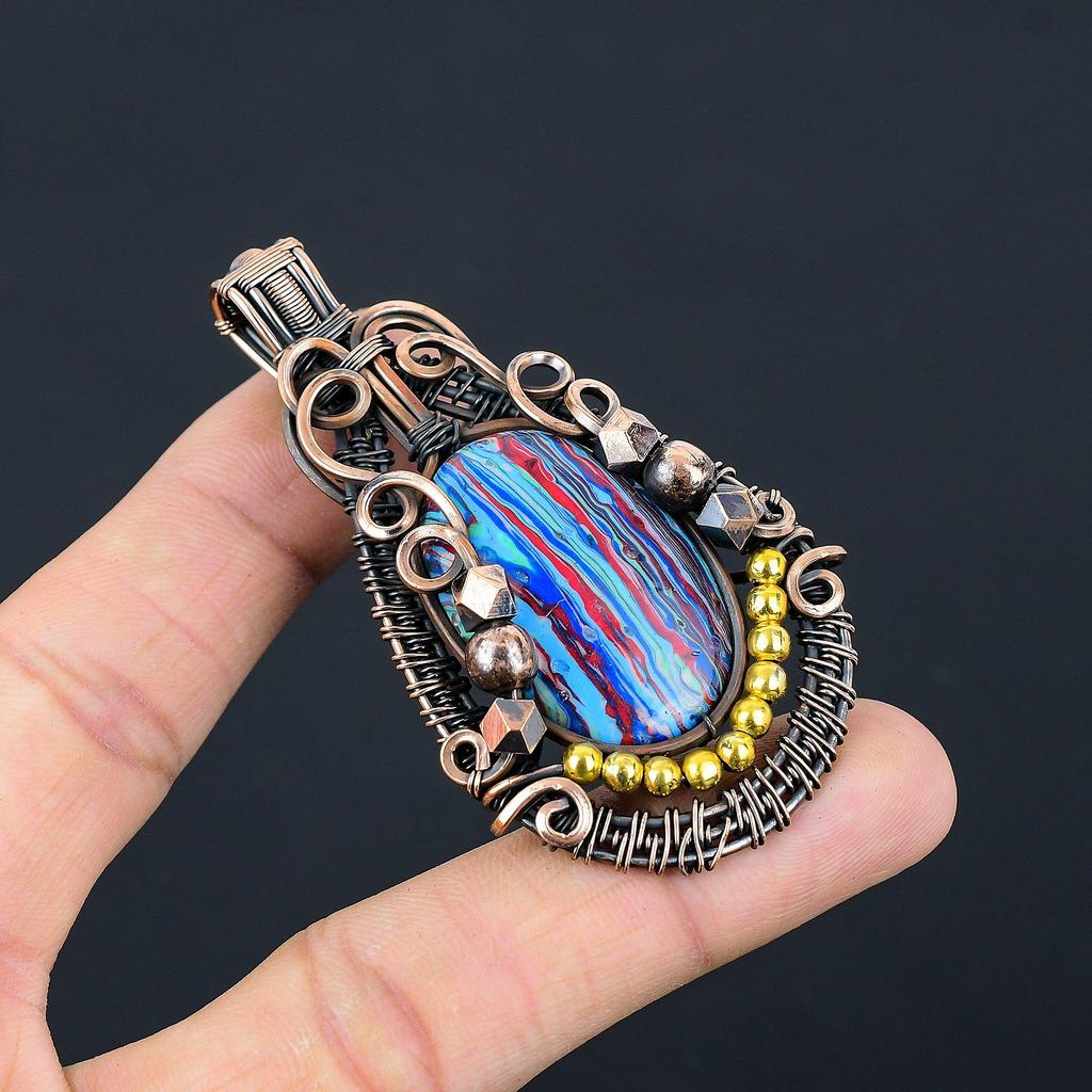 Rainbow Calcilica 999 Copper Wire Wrapped Pendant, Handmade Gemstone Pendant Jewelry, Gifts For Wife Brand New Pendant