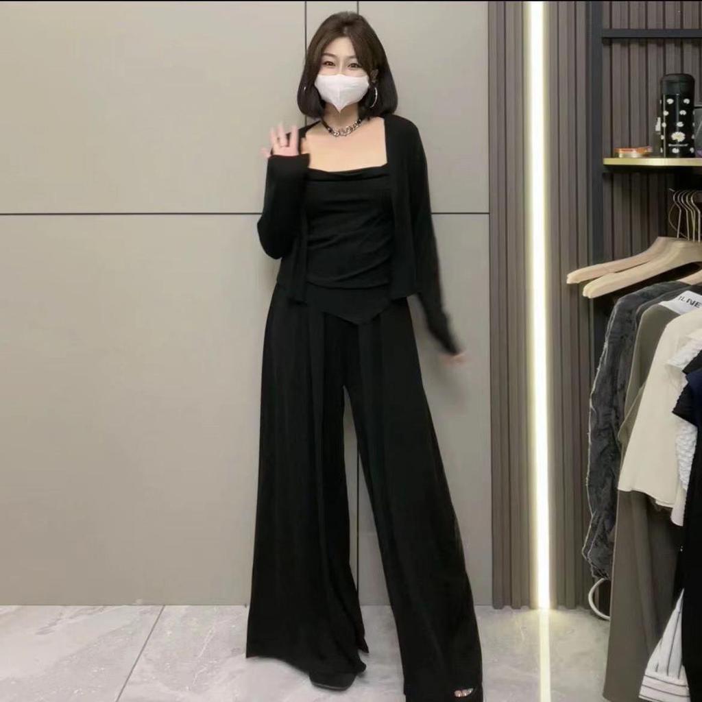 Women's Casual Three-Piece Suit: Spring & Autumn Styles with Irregular Cardigan, High-Waisted Floor-Length Pants, and Slim-Fit Design.