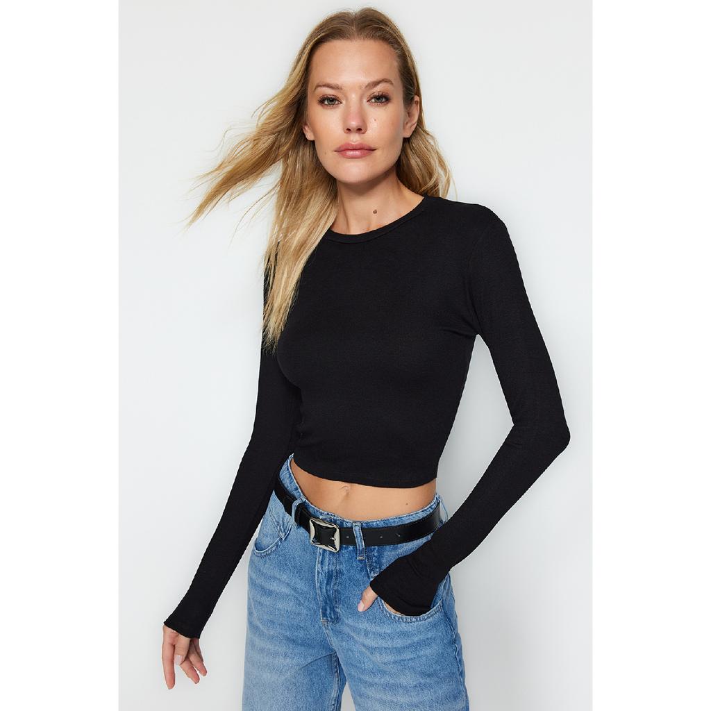 Ecru Premium Viskose Rundhals Crop Dehnbarer Strickbluse Twoaw24bz00116