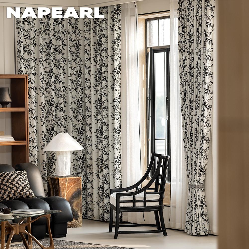 1PC NAPEARL Middle Ancient Style French Printed Curtains Black and White Floral Branch Printed Curtains for Bedroom Living Room Home Decor