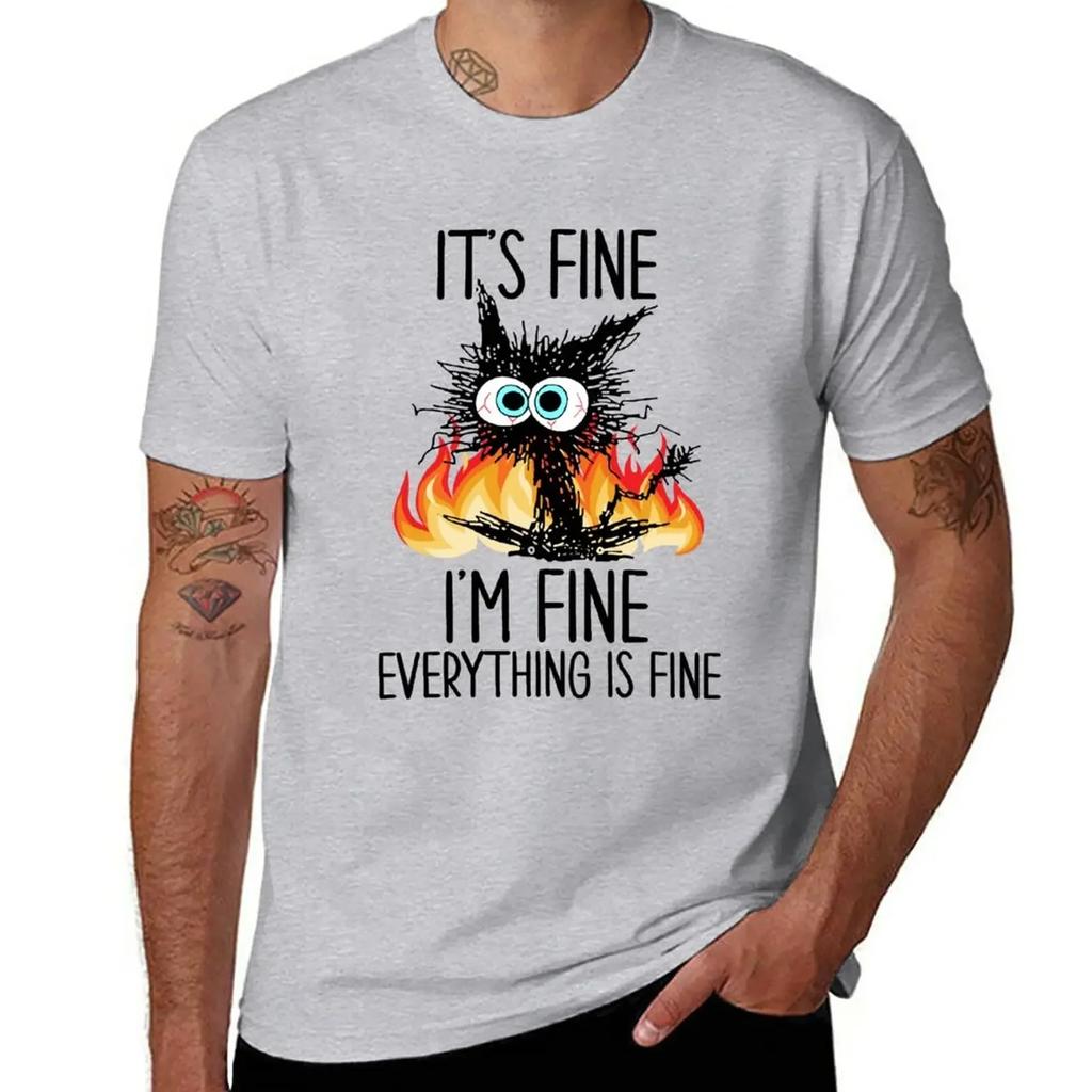 Fire It's Fine I'm Fine Everything Is Fine Funny Black Cat T-Shirt sublime plus size tops mens t shirt graphic
