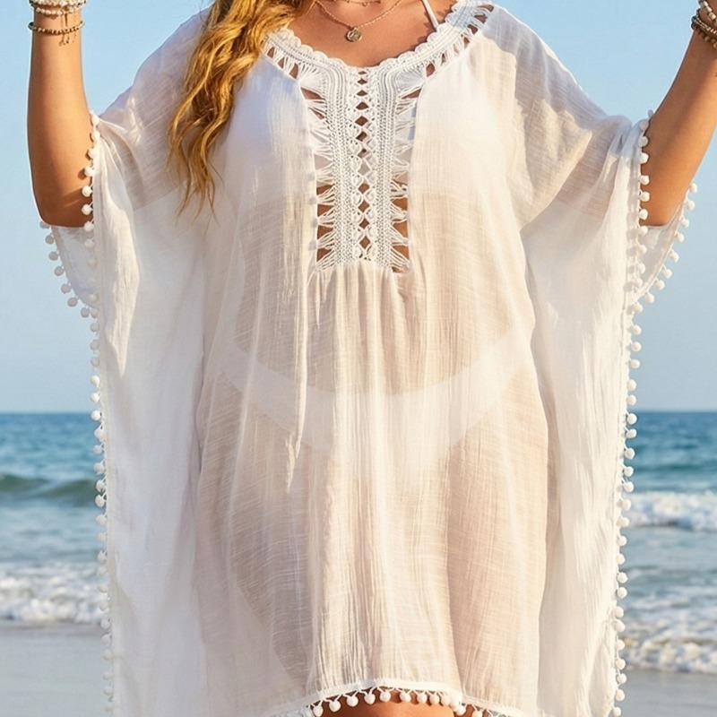 

Spring Summer Women s Plus Size Crochet Lace Pom Pom Trim Beach Cover Up Dress OneSize білий