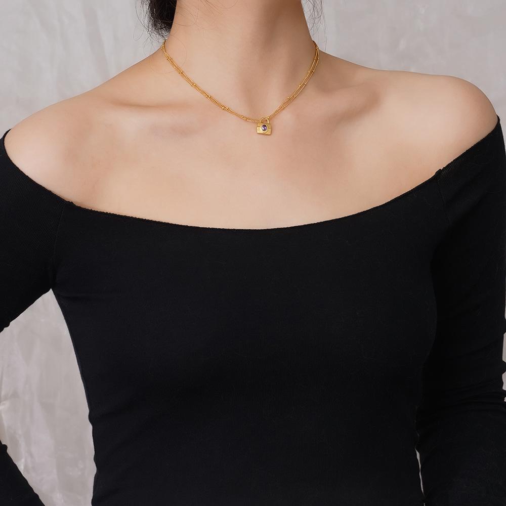 Minimalist Purple Diamond Padlock Pendant Necklace - Stainless Steel Double-Layer Clavicle Chain for Women