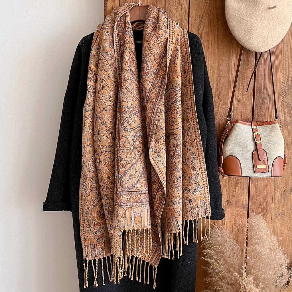 Fashion Women'S Cashmere Winter Shawl - Vintage Oil Painting Floral Printed Tasseled Pashmina Thick Wrap & Echarpe Poncho