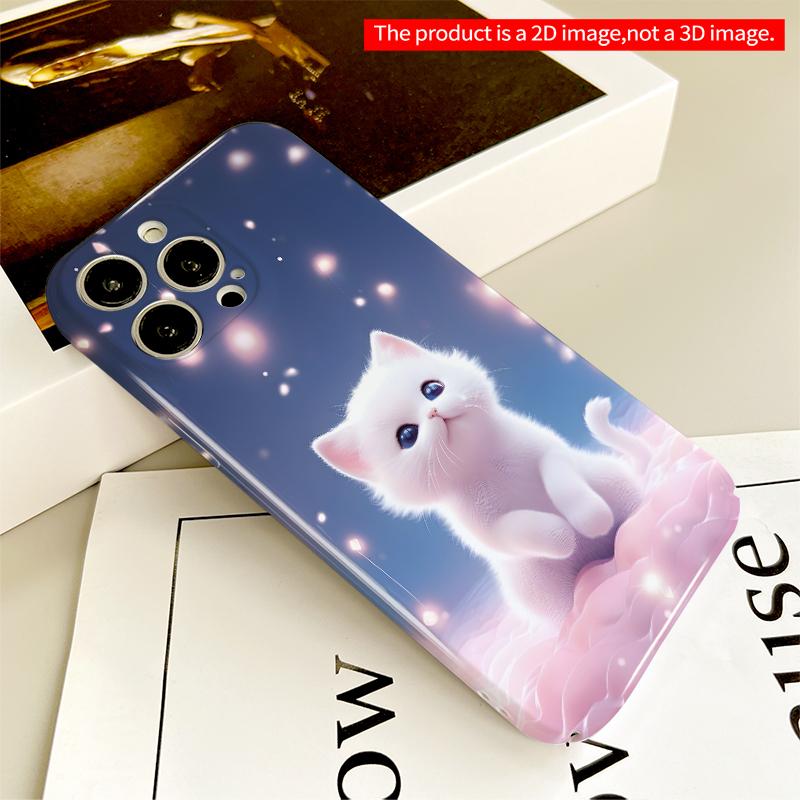 2DFlat White Kitten on Pink Clouds with Falling Lights All inclusive film hard iPhone case, compatible with iPhone 18 Pro Max 17 16 15 14 13 12 11
