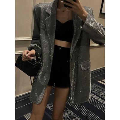 Blazer Sequin Décontracté Élégant Printemps pour Femme Veste de Costume Fête Club