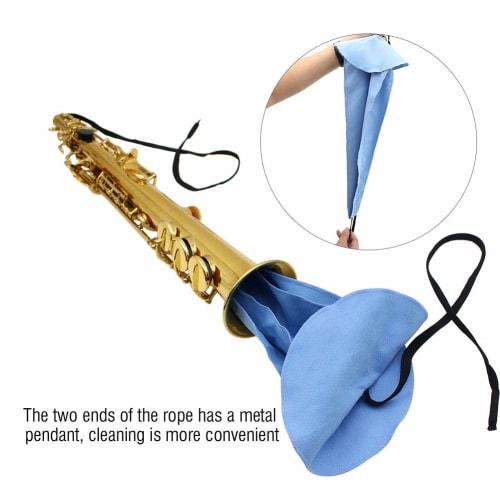 Reusable, absorbent cleaning swab for wind instruments, including saxophone, alto, tenor saxophone, and flutes. Blue maintenance tool.