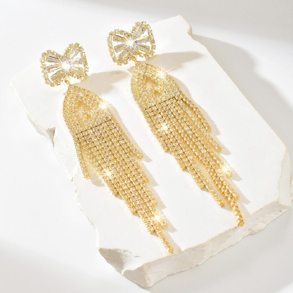 Fashion Retro Light Luxury Diamond Earrings Women'S Personality Temperament Super Shiny Long Fringed Earrings