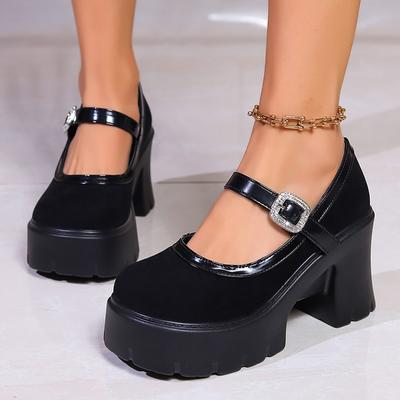 Patent Leather Chunky Platform Mary Jane Shoes Women Fashion Crystal Buckle Strap Thick Heels Pumps Woman Gothic High Heel Shoes