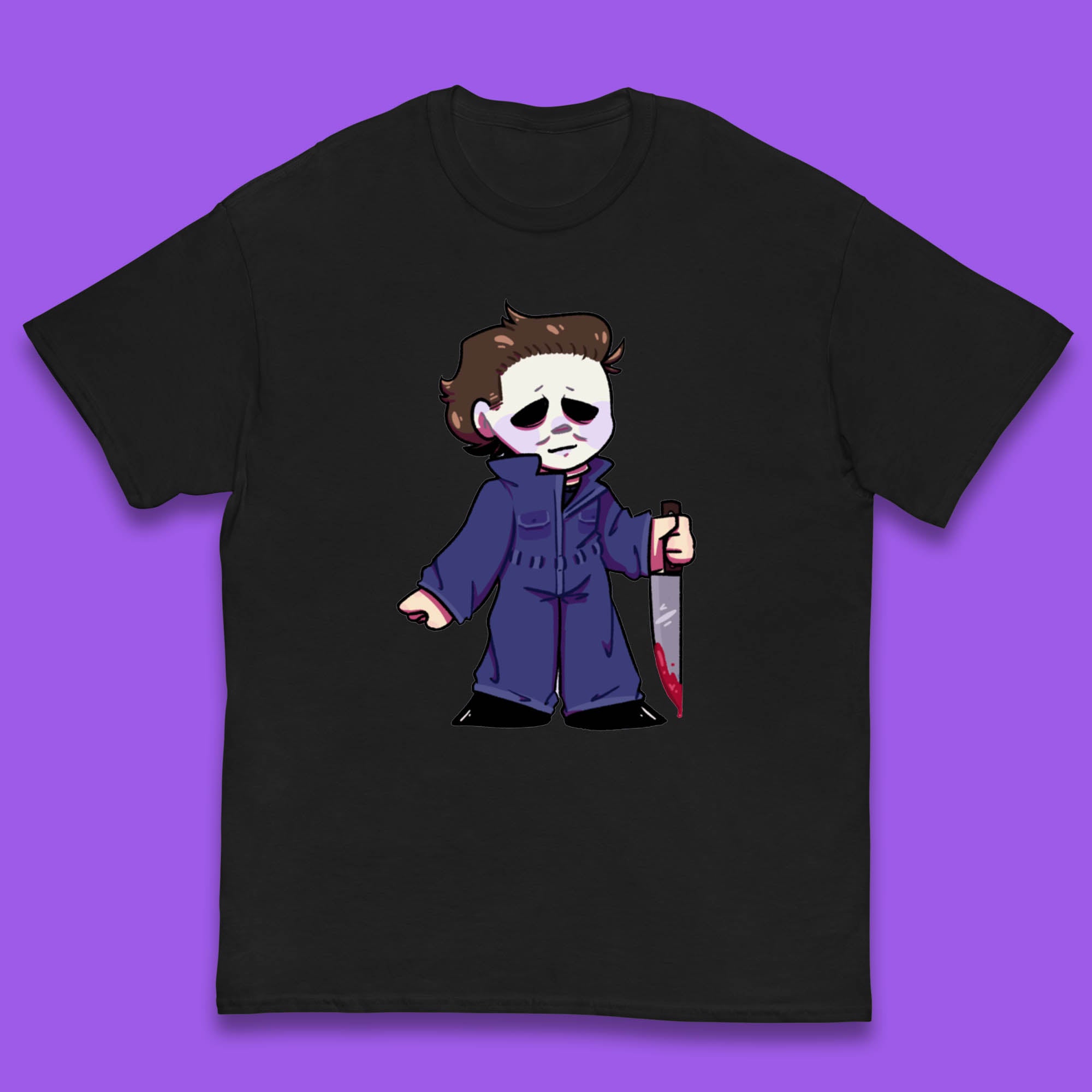 Chibi Michael Myers Holding Bloody Knife Halloween Serial Killer Horror Movie Character Kids T Shirt 150