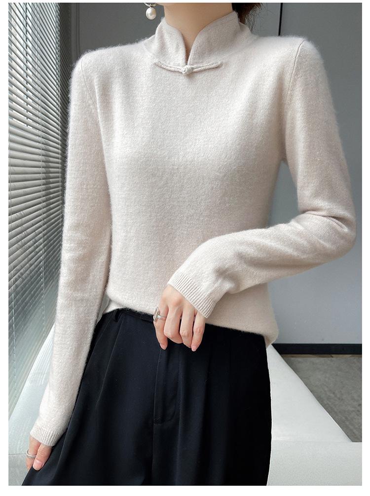 Chinese Retro Knitted High-Neck Cashmere Wool Sweater with Frog Buttons for Women