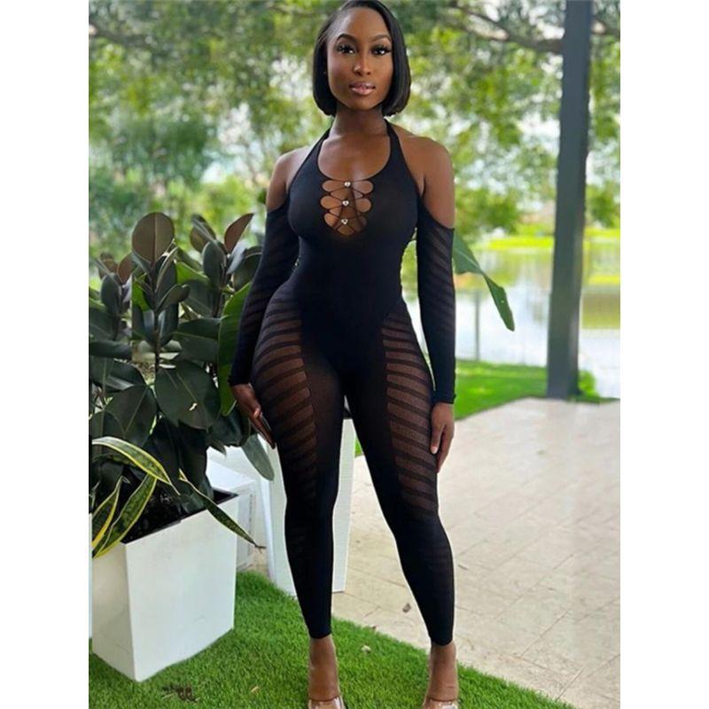 INS European and American Sexy Hollow out See-through Tight Jumpsuit Fishnet Clothes Female Sexy Jumpsuit Bodysuit
