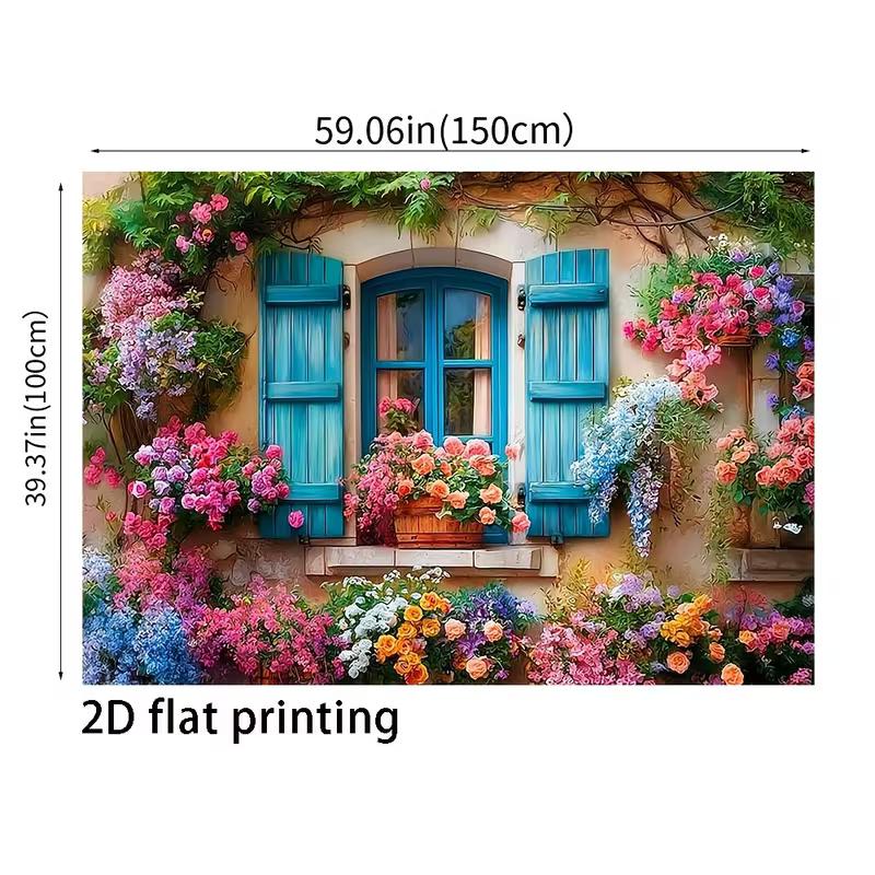 2D Provence Floral Backdrop, Rustic Blue Window with Colorful Roses Background Cloth for Photoshoot