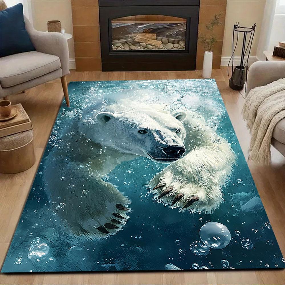 Swimming Polar Bear Adventure Patterned Carpet, Non Slip Mat Suitable for Living Room and Bedroom Sofas