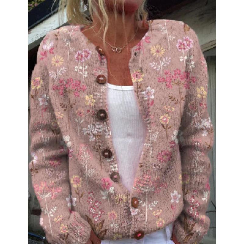 Cardigan Tricot Femme Col Rond Boutonnage Simple Imprimé Floral Manches Longues Vêtement d'Extérieur Décontracté