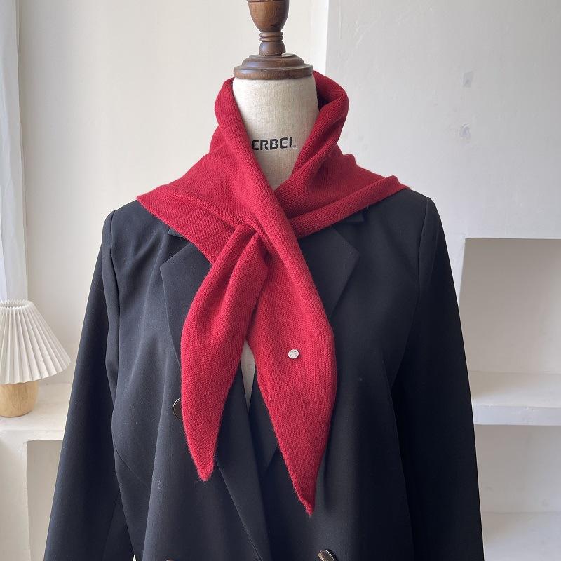 Korean Versatile Knitted Triangular Scarf Women Autumn Winter Wool Blend Solid Simple Small Shawl Female Stylish Woolen Wrap