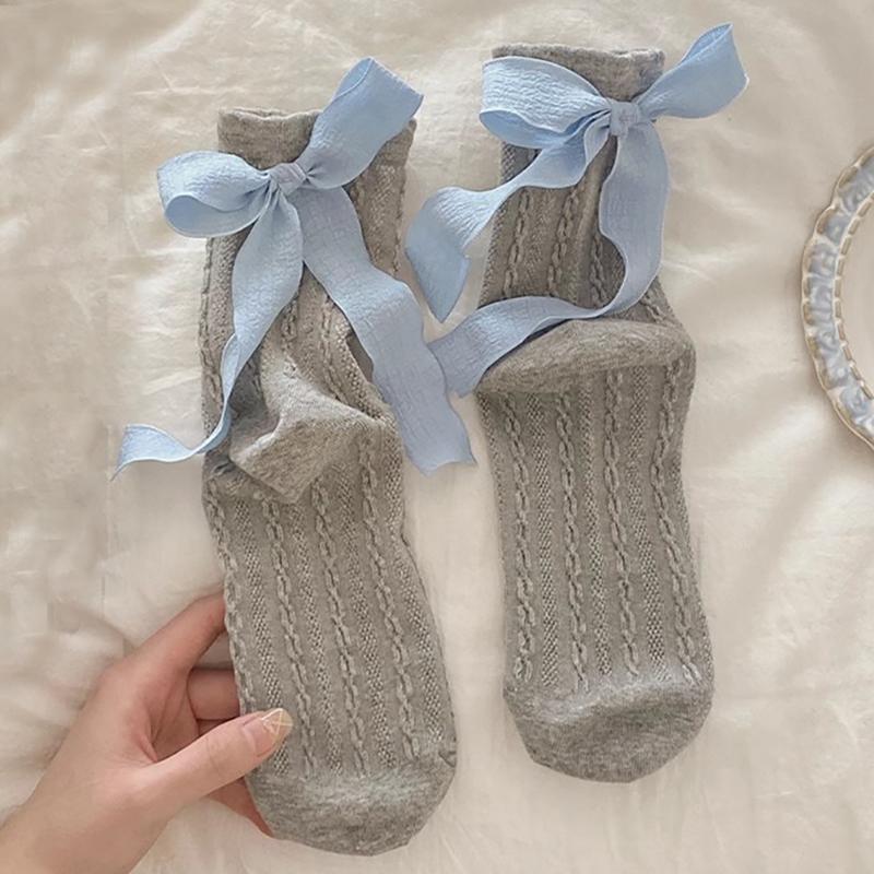 Heel Ribbon Bow Socks Children in Summer Thin Sweet Girl Lolita Socks Women Fried Dough Twists Pattern Tube Socks Absorb Sweat