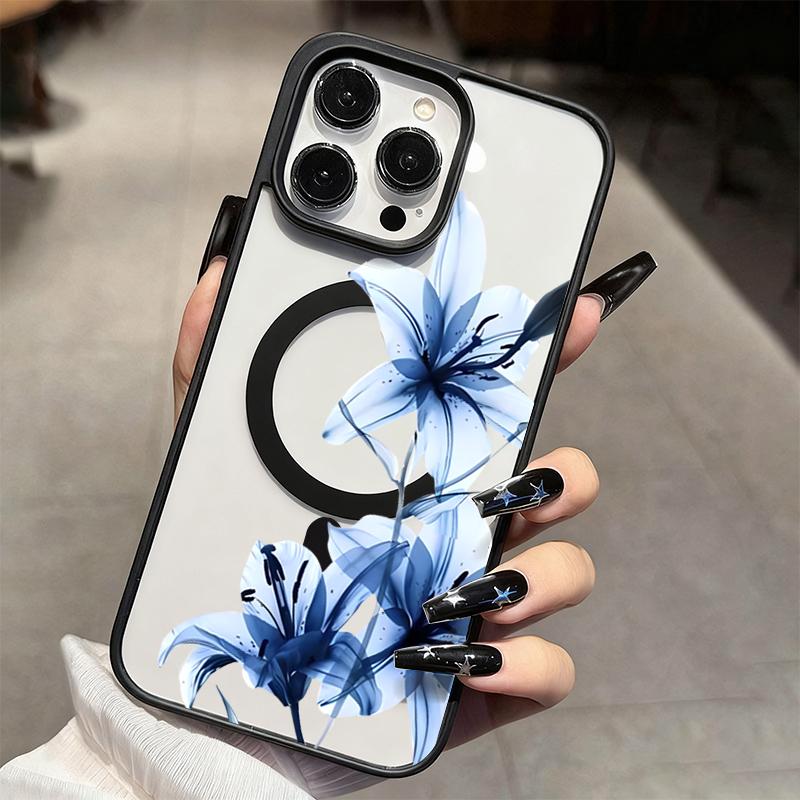 Blue Lily Whisper Transparent Magnetic Phone Case for Samsung Galaxy S25 S24 S23 S22 Ultra Plus S26 FE for Wireless Charge Cover