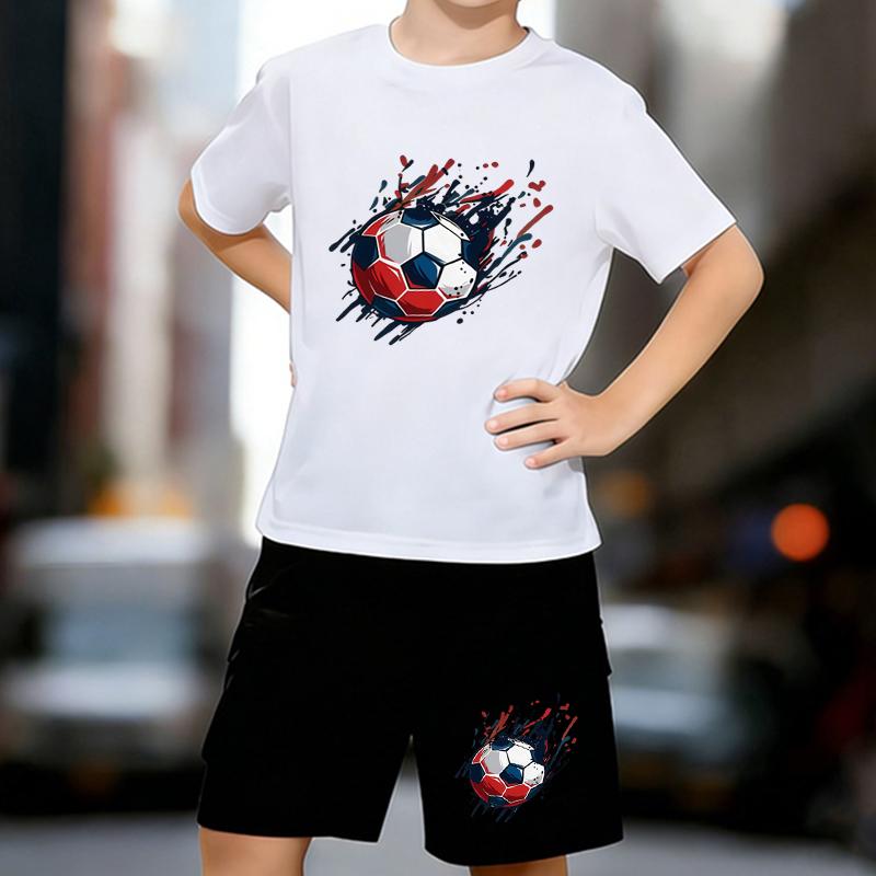

Boys 2 Piece Football Themed Printed Outfit, Short Sleeve T-Shirt and Shorts Set for Kids Age 5-14,white,Black Sporty Casual Summer Clothes 13-14 Years білий