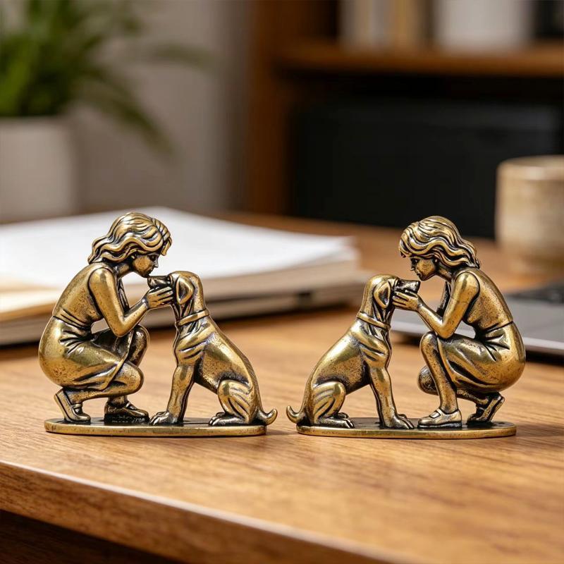 Messing Mädchen Hund Figur Haus Schreibtisch Ornament Retro Figur Kleine Dekorationshandwerke Kreative Dekoration