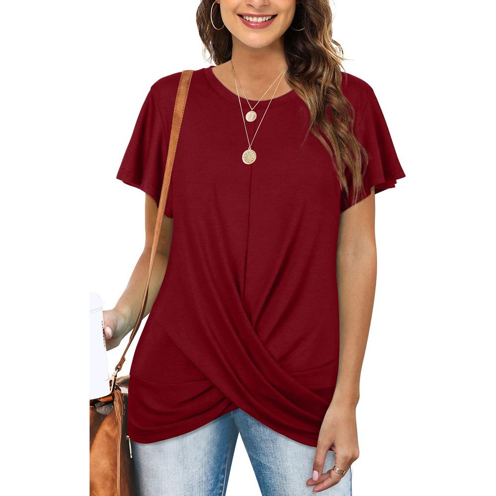 European & American Women's Solid Color Twist Short Sleeve Round Neck T-Shirt