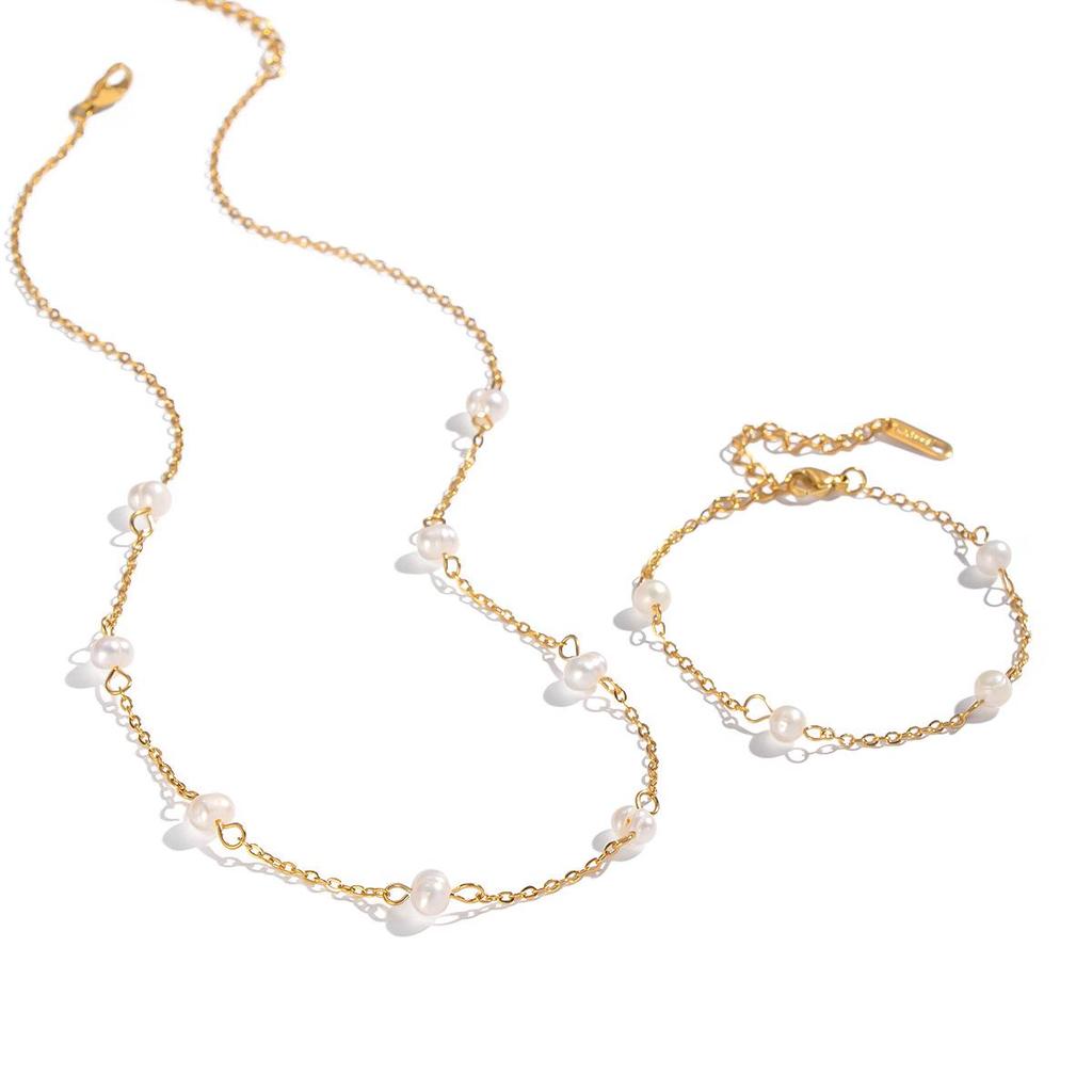 Xia Ling Simple Elegant Freshwater Pearl O-Chain Necklace Bracelet, 18K Gold-Plated Stainless Steel Jewelry
