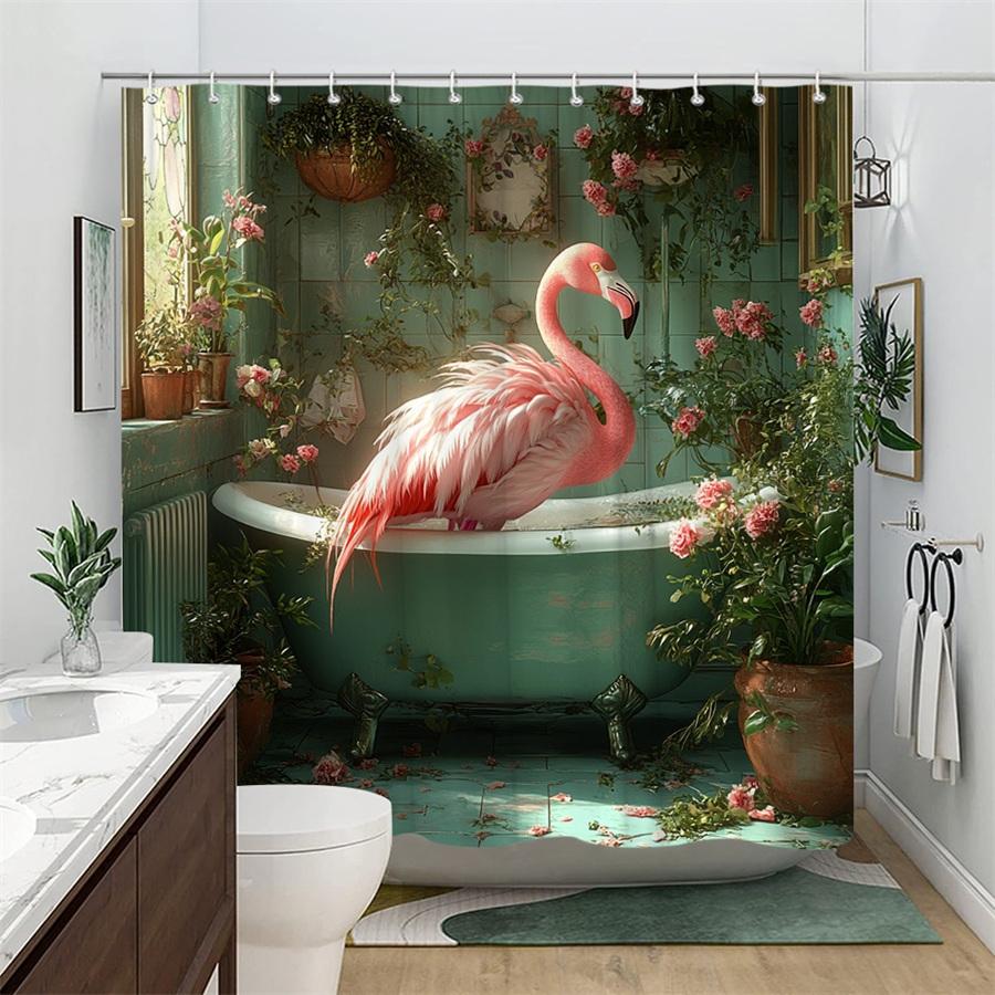 Pink Flamingo In Bathtub Shower Curtain Waterproof Moisture Proof Privacy Protection Print Boho Garden Design Hooks Included
