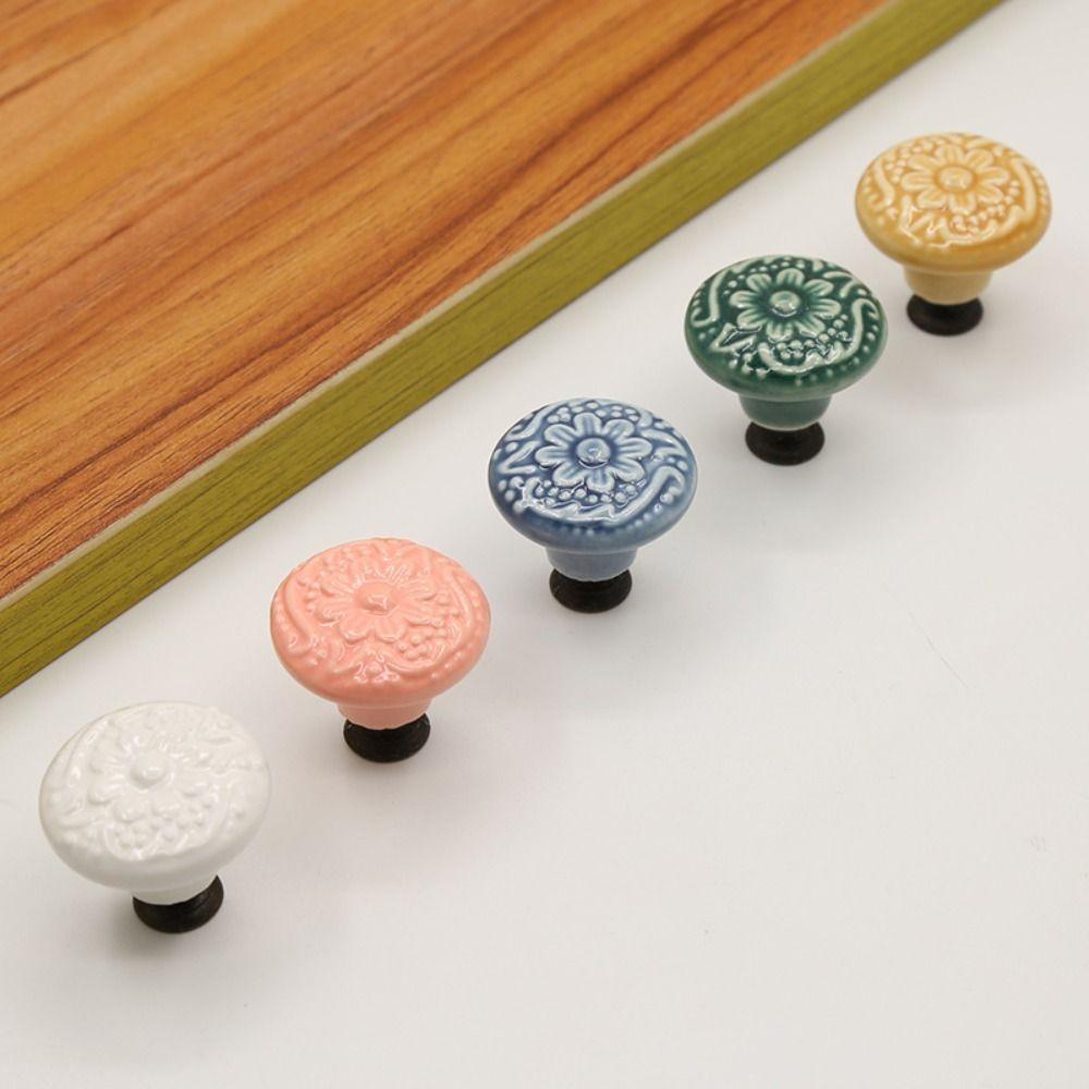 Pull Handles Door Knob Flower Surface Cabinet Knob Relief Ceramic Knob Furniture