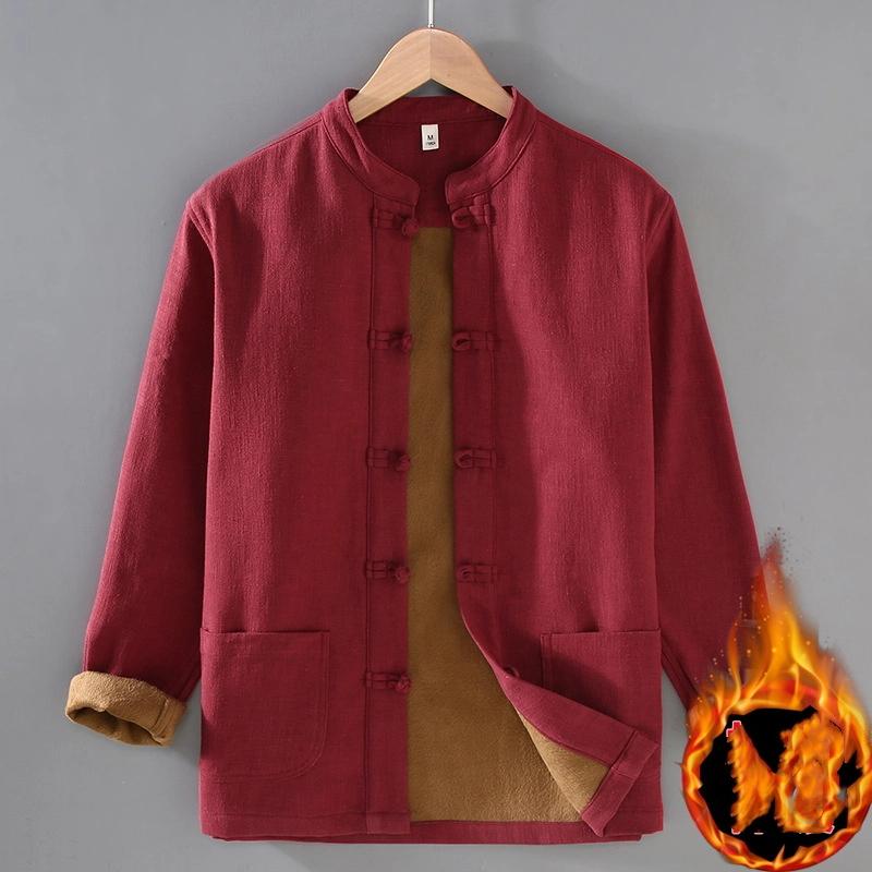 Winter Warm Men Shirt Cotton Linen Thicken Casual Coat Stand Collar Disc Buckle Shirt Grey Fleece Jacket Chinese Traditional Clothing