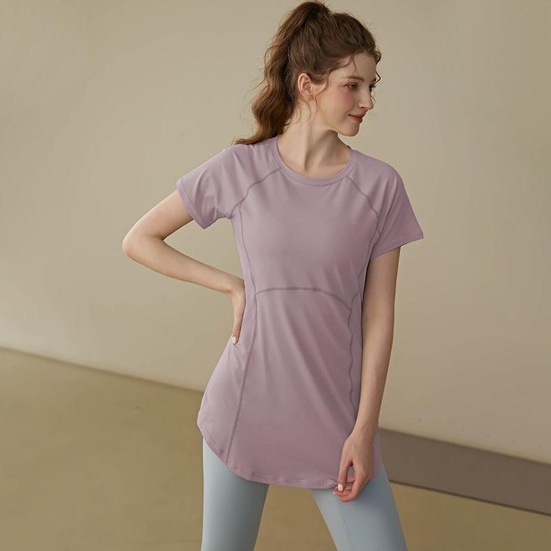 Sommer Modisch Einfarbig Rundhals Damen Slim Fit Lauf-T-Shirt Yoga Lang Geschnitten Hüftbedeckendes Workout-Top
