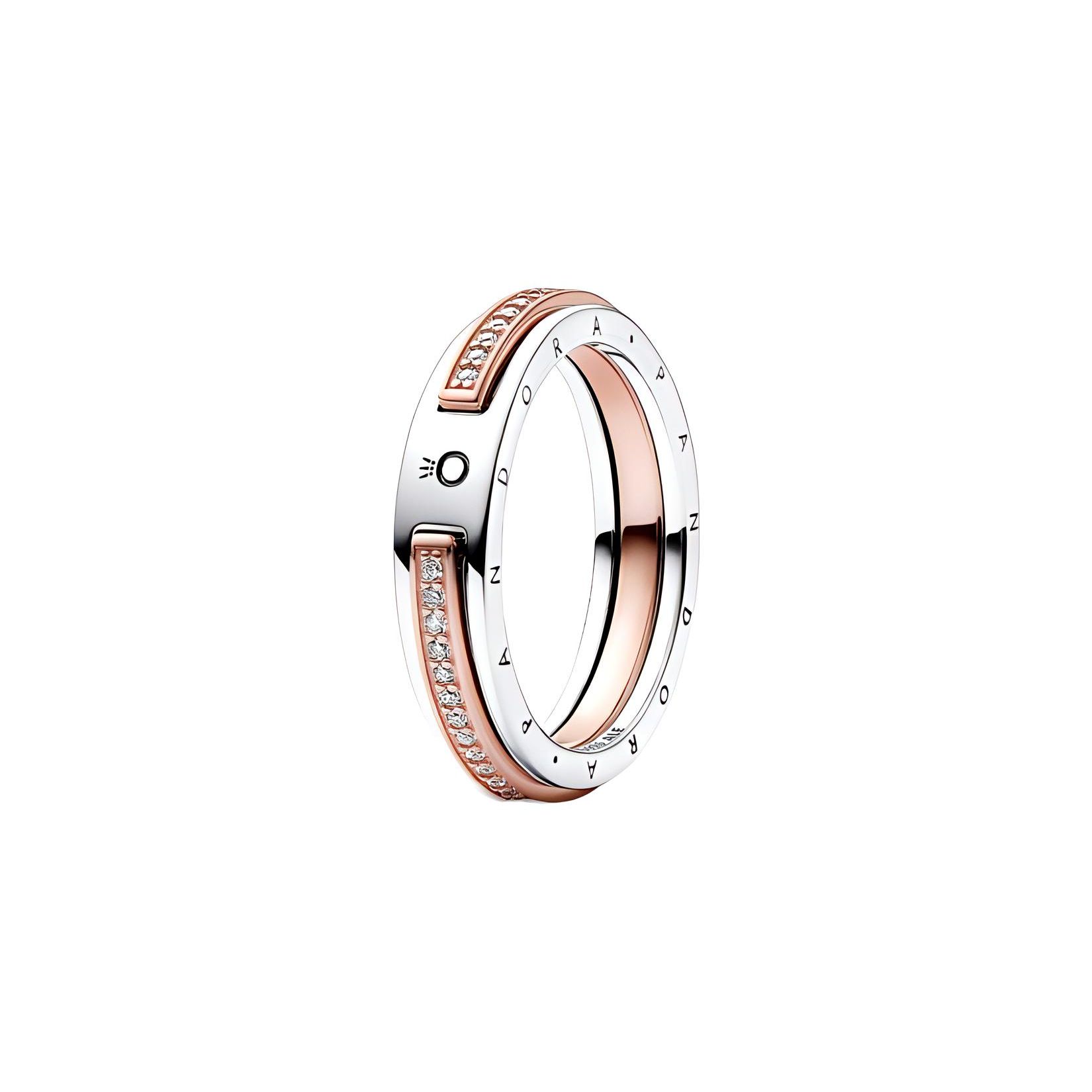 Pandora Classic Series Two-Tone Pavé Logo 14K Rose Gold Ring Women rings 182773C01 48