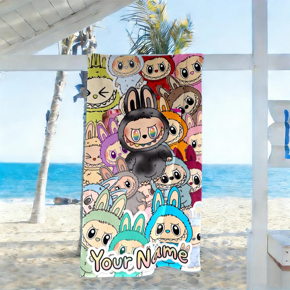 Labubu Customize Text Beach Towel Super Soft Microfiber Quickdry Fabric Perfect for Traveling Yoga Camping and Swimming