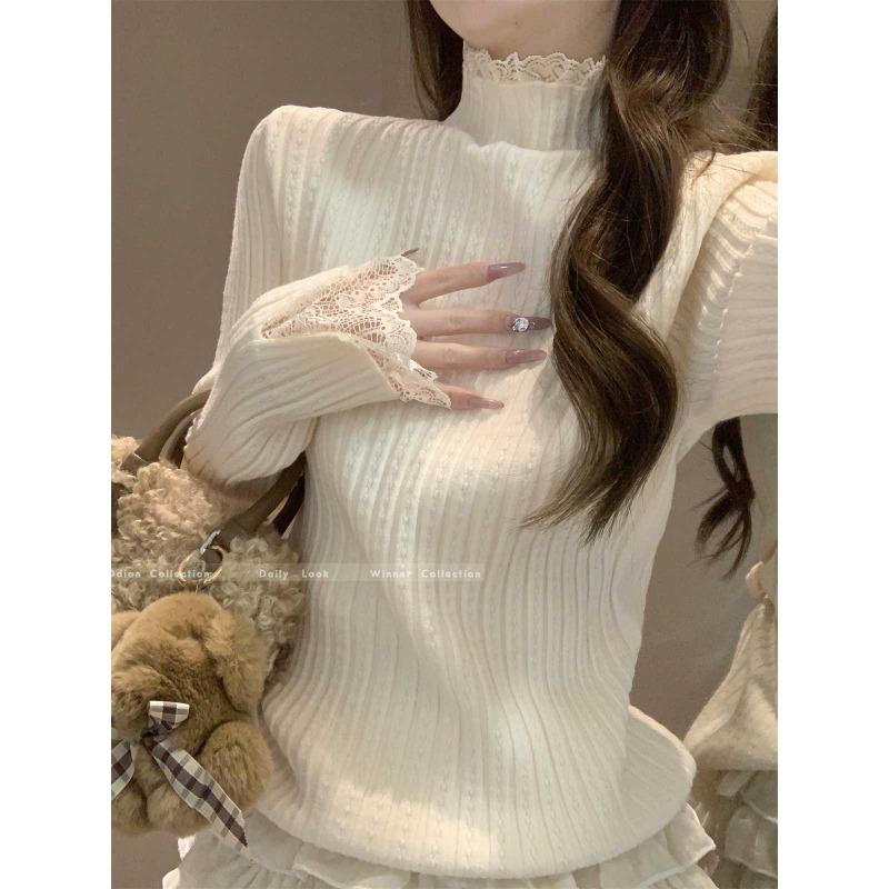

Temperament lace semi-turtleneck top women s autumn and winter slim-fit stacked design sense with knitted sweater fashionable bottoming shirt S