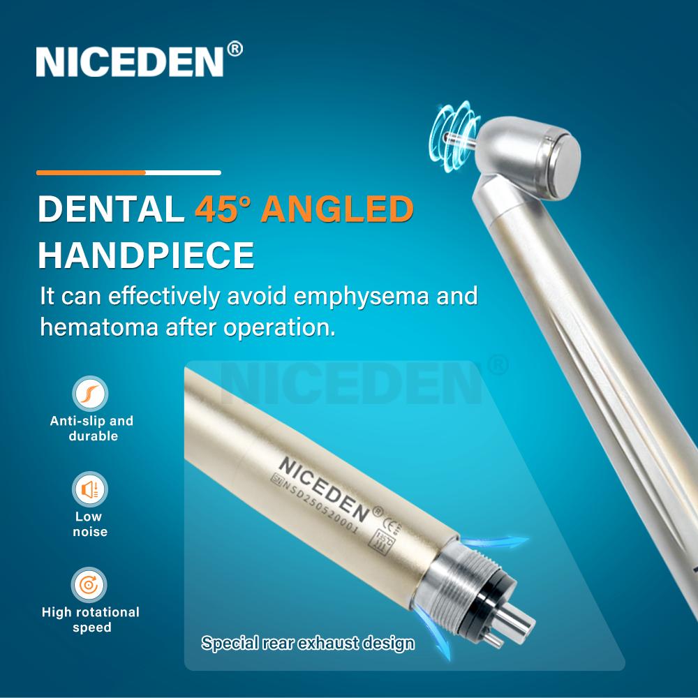 NICEDEN Dental 45 Degree LED High Speed Handpiece E-generator Integrated Small Head Push Button Handpiece Single Water Spray