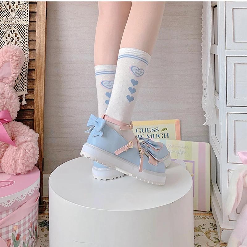 Lovely Girls Lolita Sweet Bowknots Platform Shoes,Students Cute Small Bell Heart Shaped Straps Flat Elevator Shoes Mary Janes