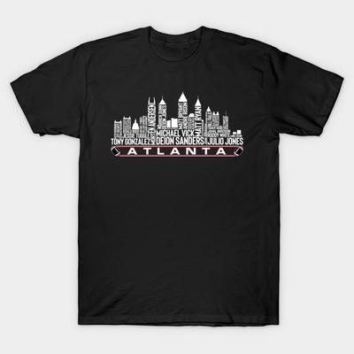 Asian Size Men Black Print T-shirt Atlanta Football Team All Time Legends, Atlanta City Skyline No-Cut Heat Transfer Print Cotton Tshirt