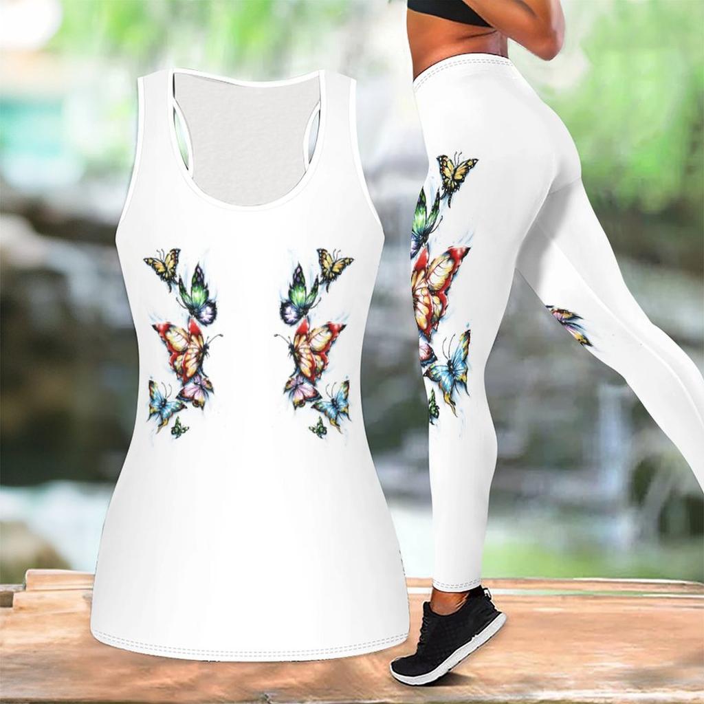 Schmetterlings-Print Yoga-Outfit für Damen Mode Trainings-Leggings Fitness Sport Lässiges Yoga-Set Sportanzug