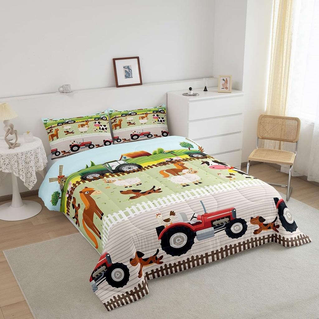 Tractor Bedding Sets for Boys Twin Size Toddler Kids Cute Cartoon Farm Animals Comforter Set Girls Children Farmhouse Country Down Comforter