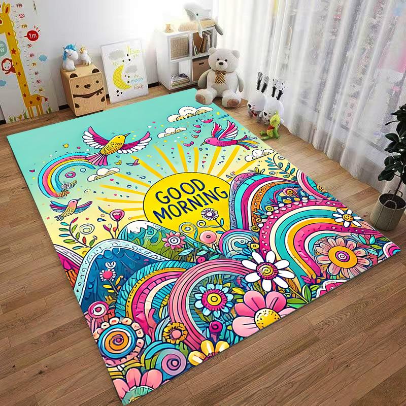Colorful Carpet with "Good Morning" Text, Birds, Rainbows, and Flowers Suitable for Use As an Anti-slip for Living Room Bedroom Sofas